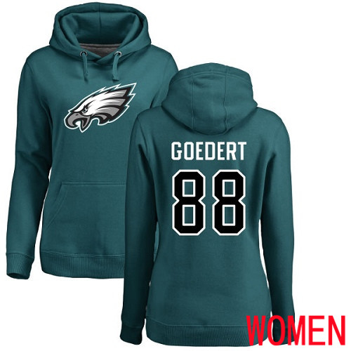 Women Philadelphia Eagles 88 Dallas Goedert Green Name and Number Logo NFL Pullover Hoodie Sweatshirts